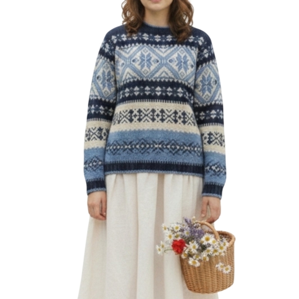 Vintage Blue and Cream Fair Isle Crewneck Sweater | Sz Medium